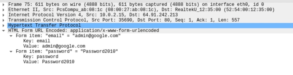 captured password over HTTP connection with Wireshark